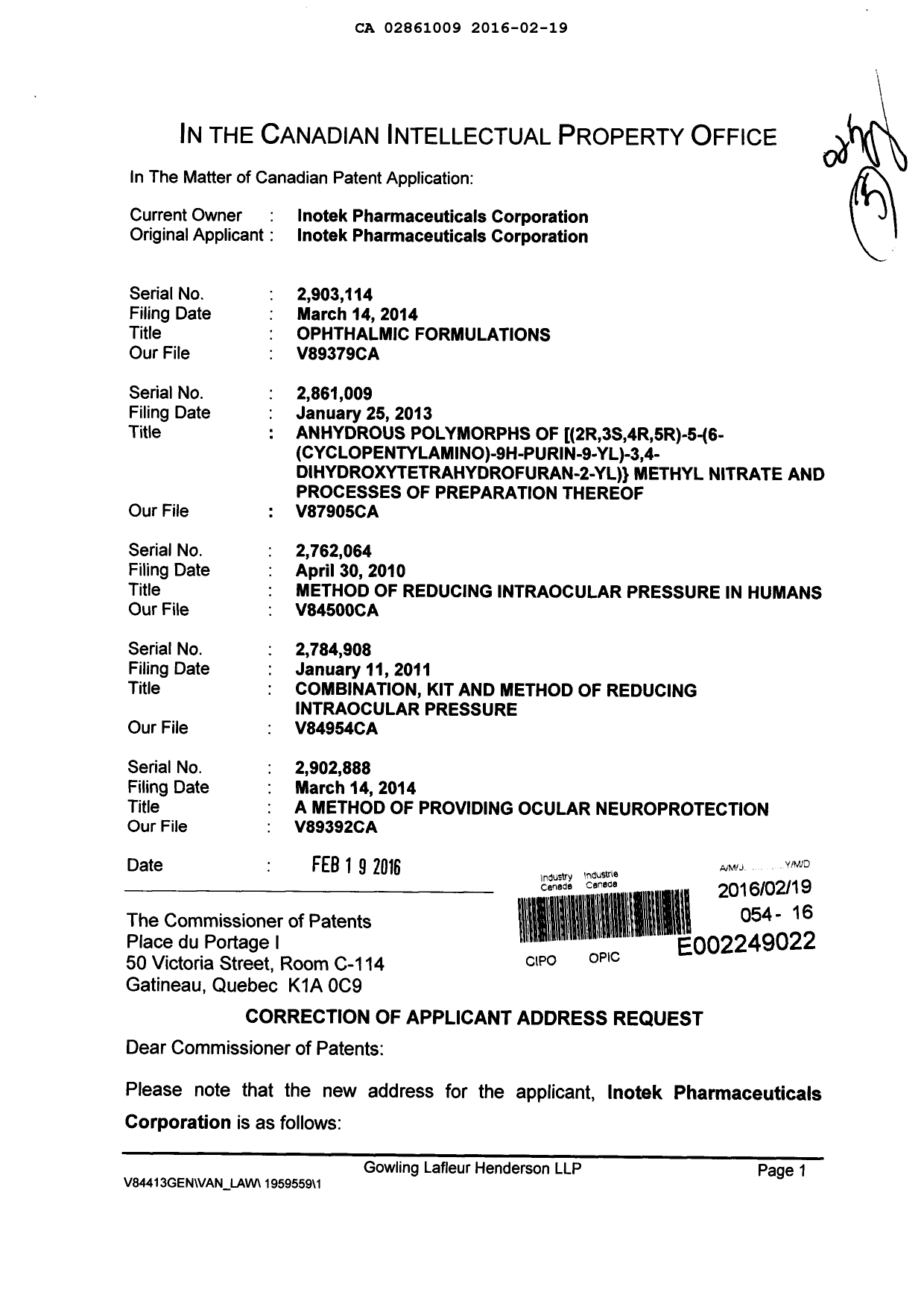 Canadian Patent Document 2861009. Assignment 20160219. Image 1 of 2