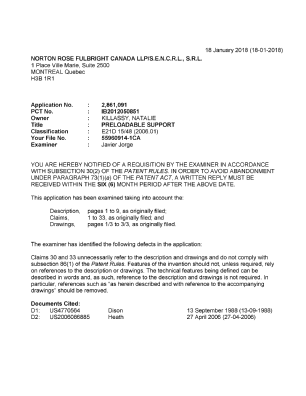 Document de brevet canadien 2861091. Demande d'examen 20180118. Image 1 de 4