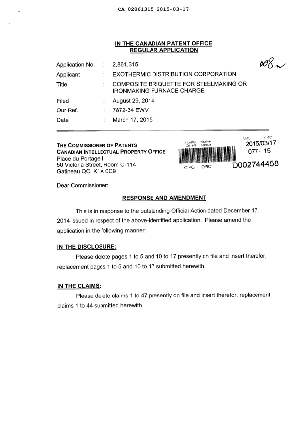 Canadian Patent Document 2861315. Prosecution-Amendment 20141217. Image 1 of 22