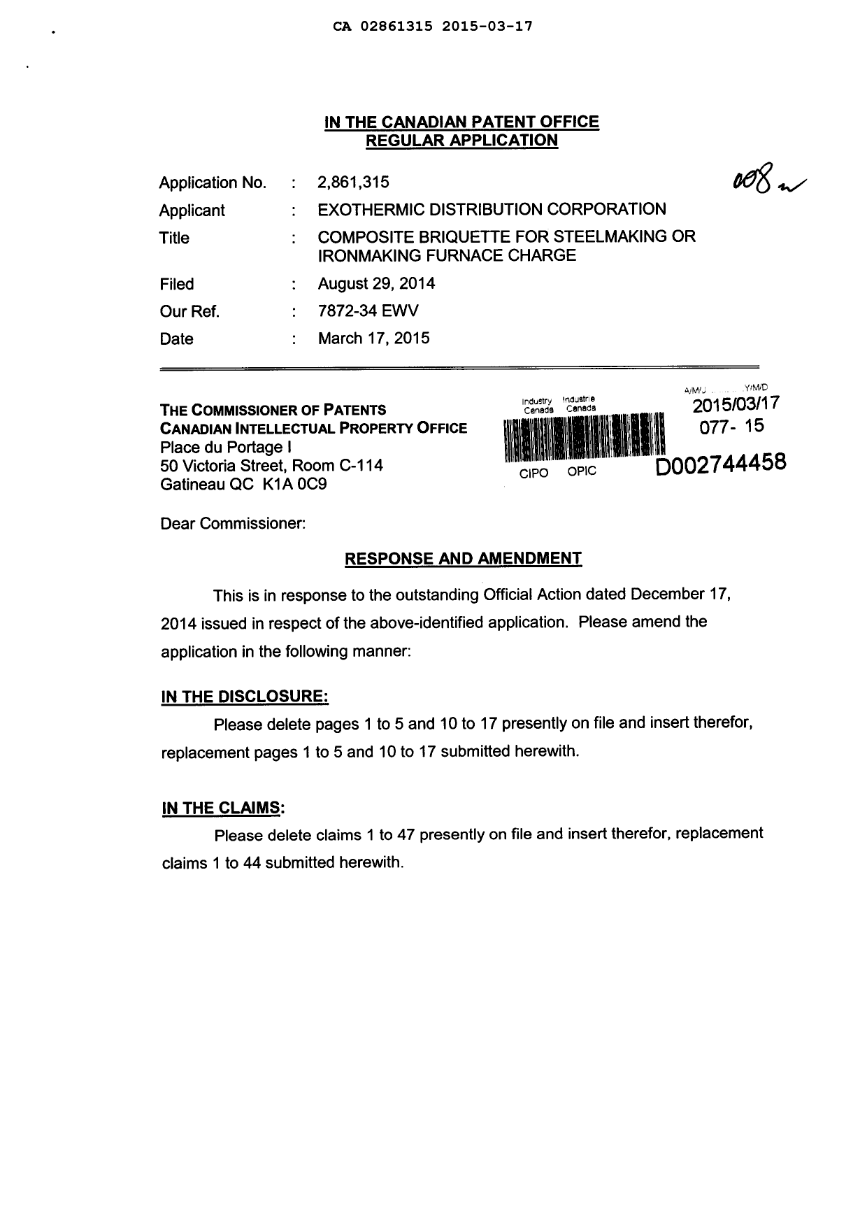 Document de brevet canadien 2861315. Poursuite-Amendment 20141217. Image 1 de 22