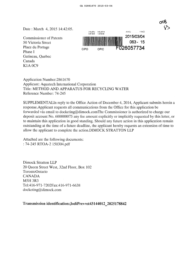 Canadian Patent Document 2861670. Prosecution-Amendment 20150304. Image 1 of 29