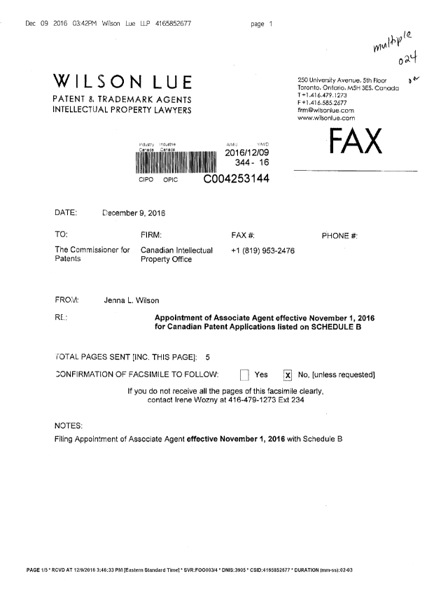 Document de brevet canadien 2861670. Correspondance 20151209. Image 1 de 5