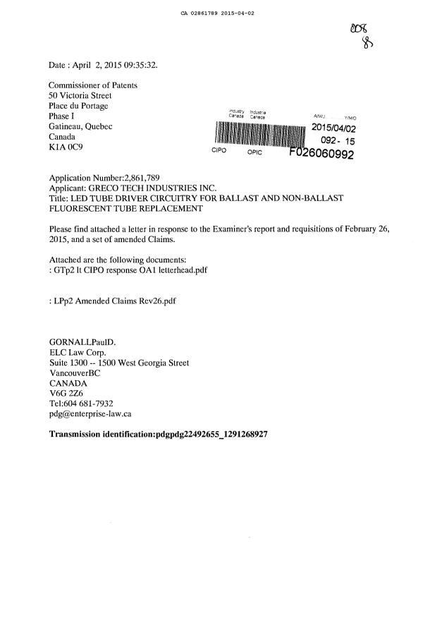 Canadian Patent Document 2861789. Prosecution-Amendment 20141202. Image 1 of 21
