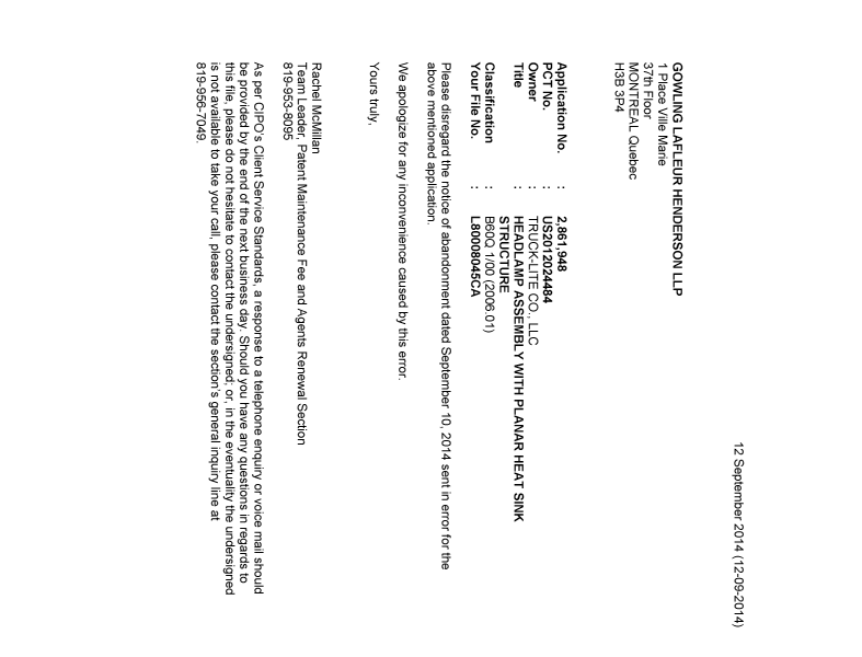Document de brevet canadien 2861948. Correspondance 20140912. Image 1 de 1