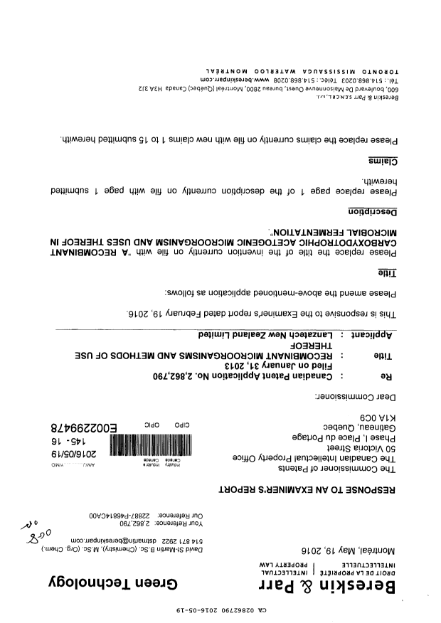 Document de brevet canadien 2862790. Poursuite-Amendment 20151219. Image 1 de 9