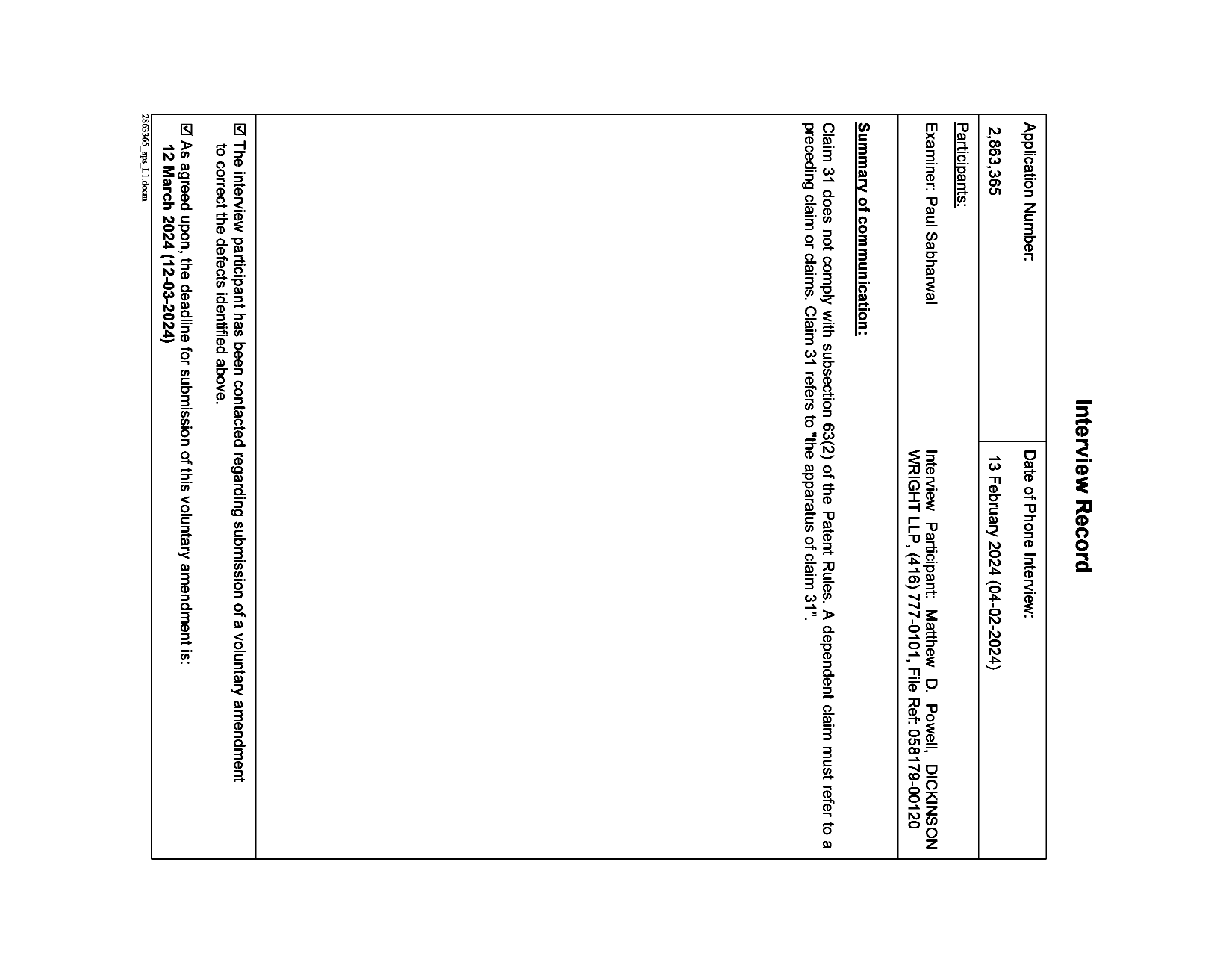 Document de brevet canadien 2863365. Enregistrer une note relative à une entrevue (Acti 20240214. Image 1 de 1