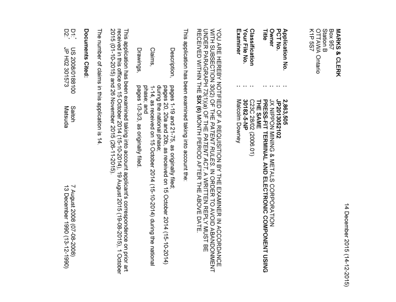 Document de brevet canadien 2863505. Demande d'examen 20151214. Image 1 de 4