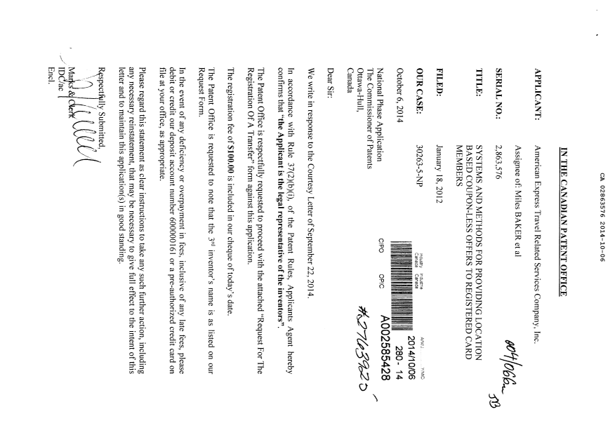 Document de brevet canadien 2863576. Correspondance 20141006. Image 1 de 1