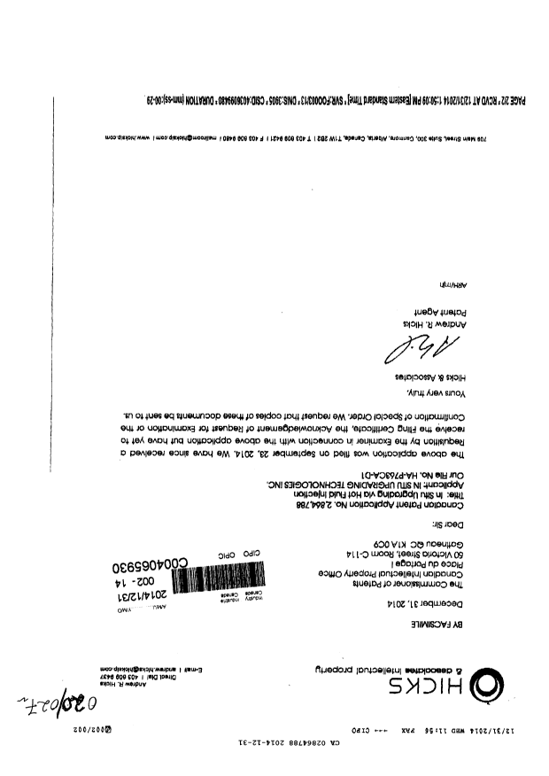 Document de brevet canadien 2864788. Poursuite-Amendment 20131231. Image 1 de 2