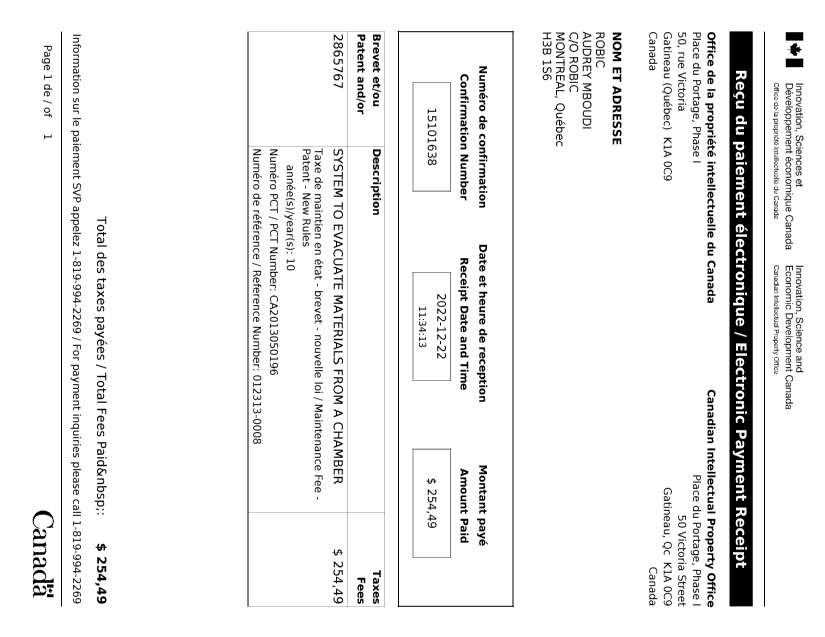 Document de brevet canadien 2865767. Paiement de taxe périodique 20221222. Image 1 de 1