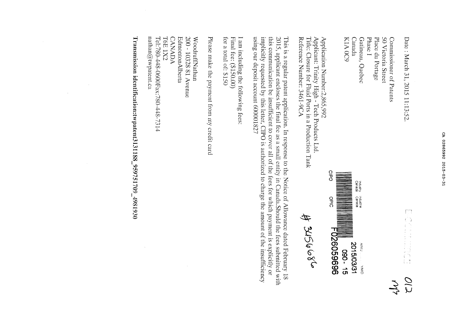 Document de brevet canadien 2865992. Correspondance 20141231. Image 1 de 1