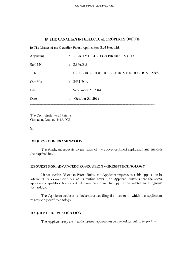 Document de brevet canadien 2866005. Correspondance 20141031. Image 2 de 3