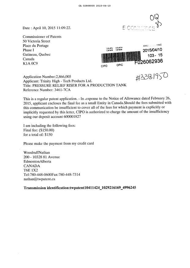 Document de brevet canadien 2866005. Correspondance 20150410. Image 1 de 1