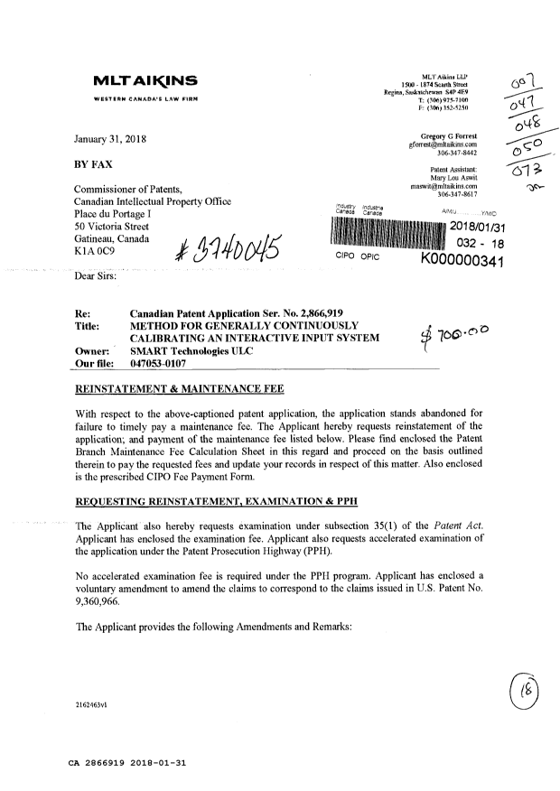 Canadian Patent Document 2866919. Maintenance Fee Payment 20180131. Image 1 of 4