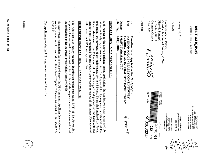 Document de brevet canadien 2866919. Paiement de taxe périodique 20180131. Image 1 de 4