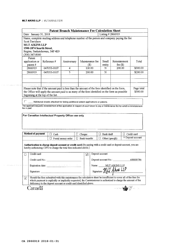 Document de brevet canadien 2866919. Paiement de taxe périodique 20180131. Image 4 de 4
