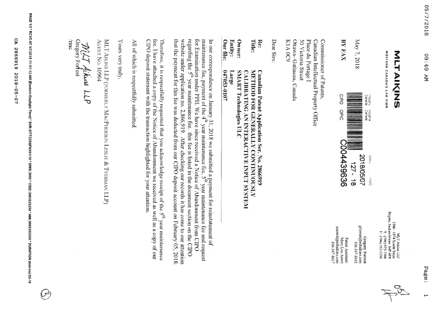 Document de brevet canadien 2866919. Correspondance taxe de maintien 20180507. Image 1 de 3