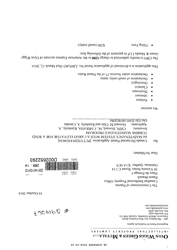 Canadian Patent Document 2866999. Assignment 20141010. Image 1 of 6
