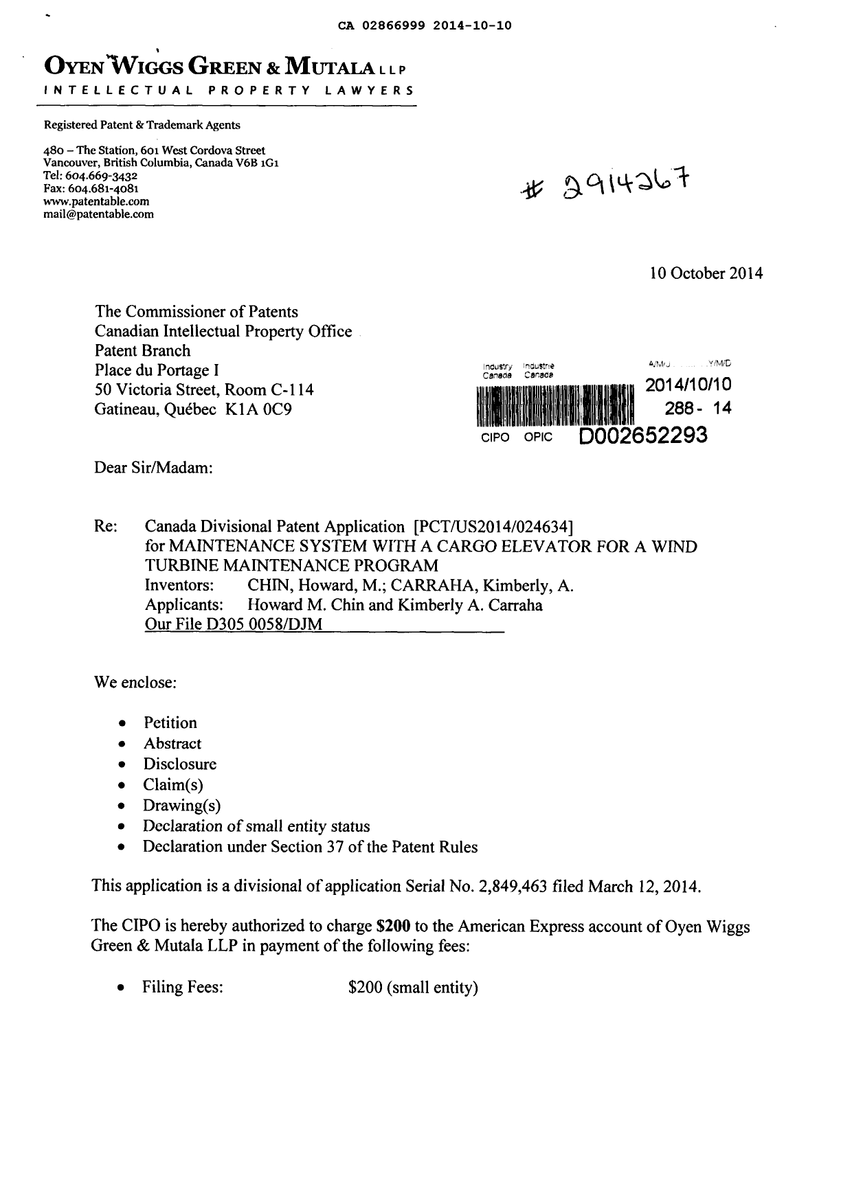 Document de brevet canadien 2866999. Cession 20141010. Image 1 de 6