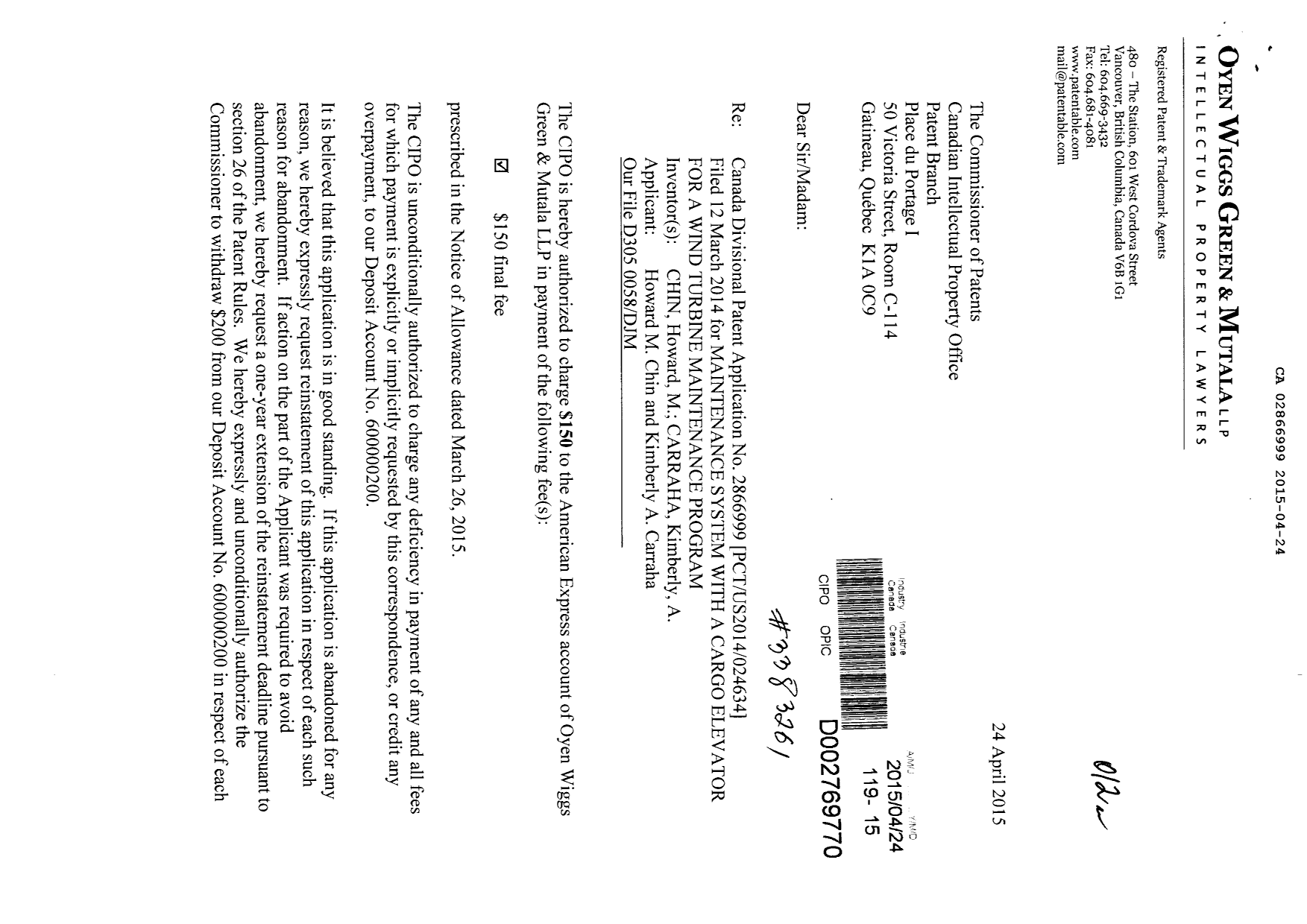 Canadian Patent Document 2866999. Correspondence 20141224. Image 1 of 2