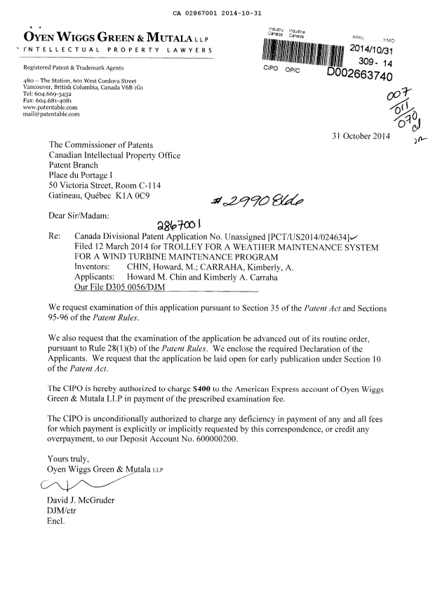 Document de brevet canadien 2867001. Correspondance 20131231. Image 1 de 2