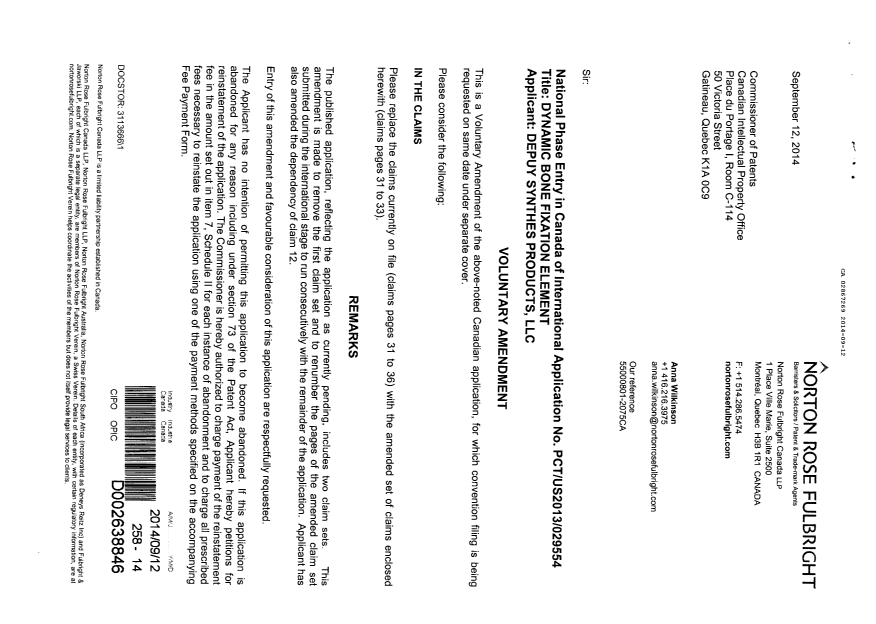 Document de brevet canadien 2867269. Poursuite-Amendment 20140912. Image 1 de 5
