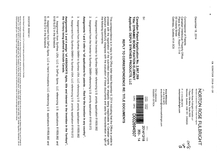 Document de brevet canadien 2867269. Poursuite-Amendment 20141218. Image 1 de 2