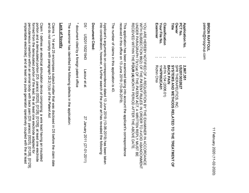 Document de brevet canadien 2867351. Demande d'examen 20200211. Image 1 de 4