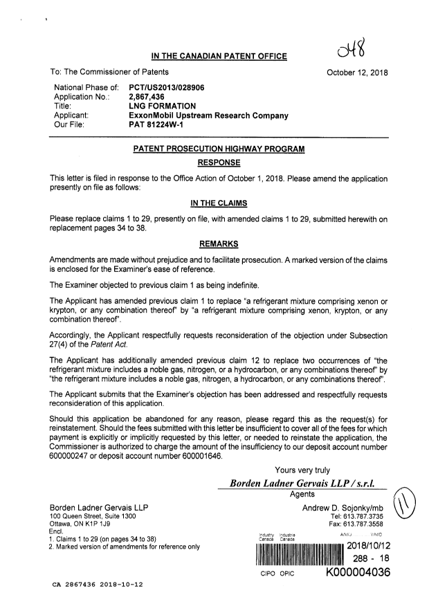 Document de brevet canadien 2867436. Modification 20181012. Image 1 de 11