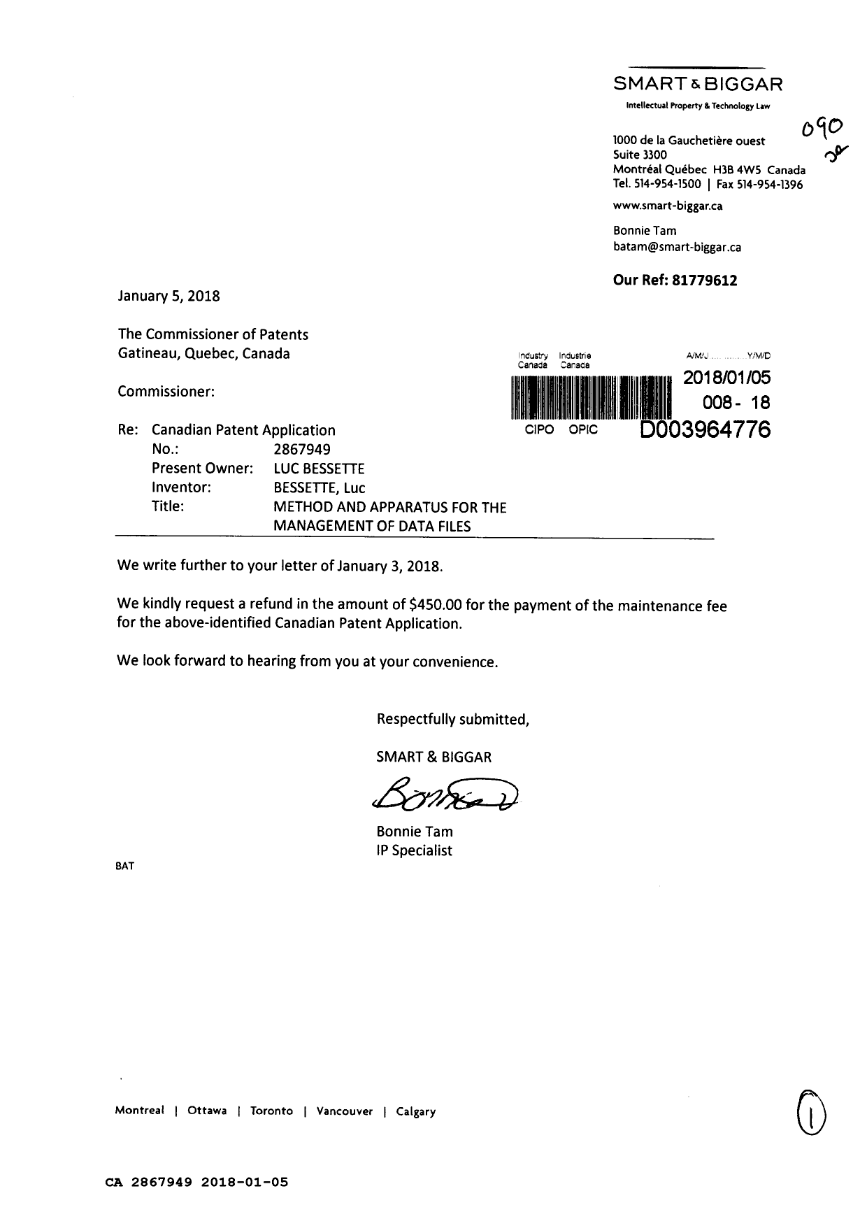Document de brevet canadien 2867949. Remboursement 20180105. Image 1 de 1