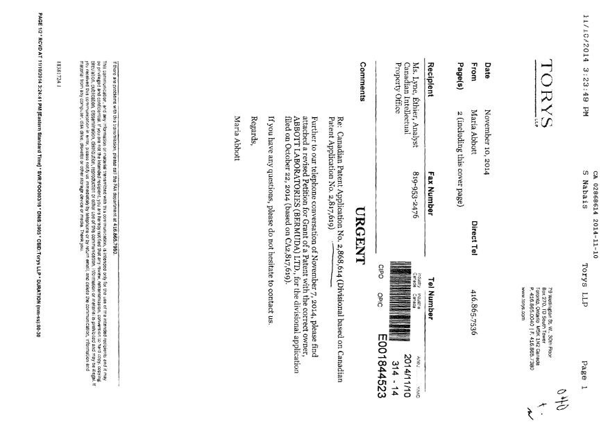Document de brevet canadien 2868614. Correspondance 20141110. Image 1 de 2