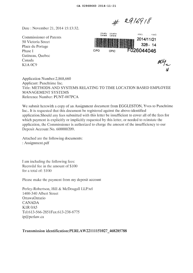 Document de brevet canadien 2868660. Cession 20131221. Image 1 de 2