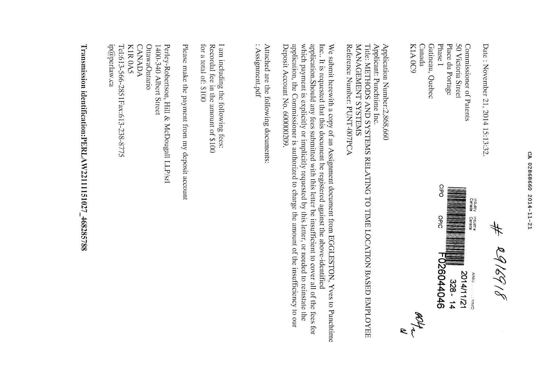 Document de brevet canadien 2868660. Cession 20131221. Image 1 de 2