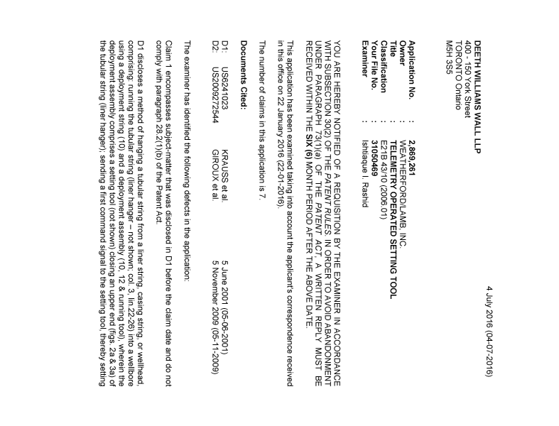 Document de brevet canadien 2869261. Demande d'examen 20160704. Image 1 de 3