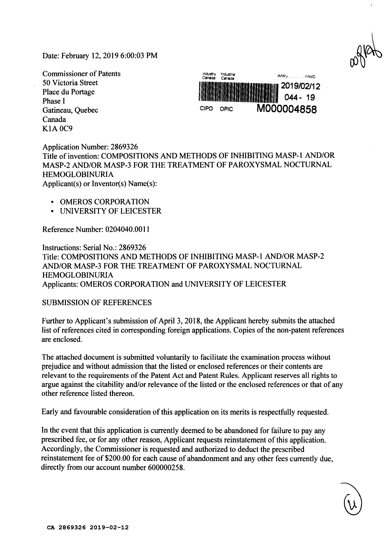 Canadian Patent Document 2869326. Amendment 20190212. Image 1 of 4