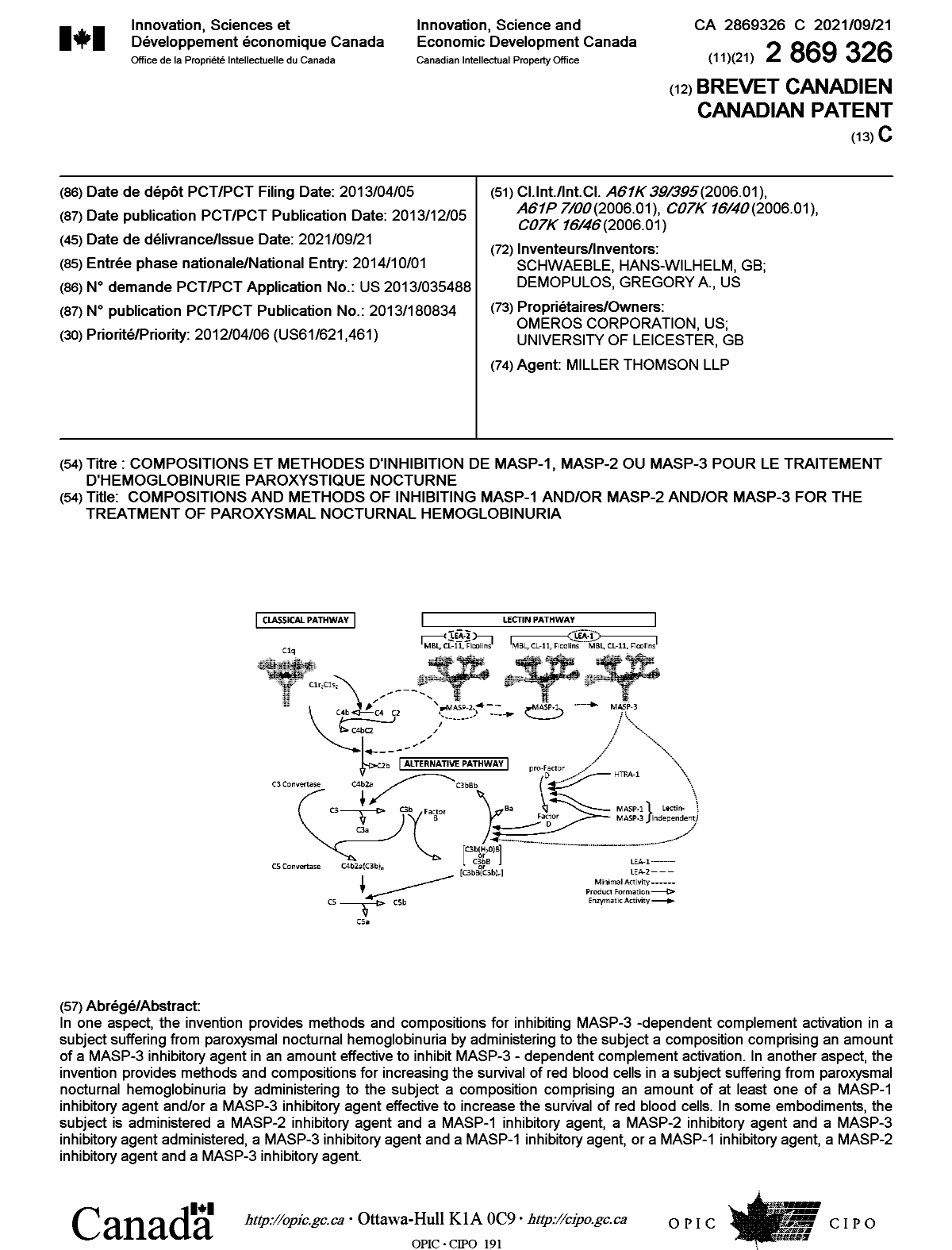 Document de brevet canadien 2869326. Page couverture 20210820. Image 1 de 1