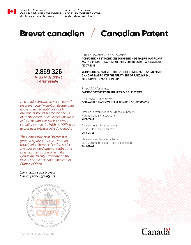 Document de brevet canadien 2869326. Certificat électronique d'octroi 20210921. Image 1 de 1