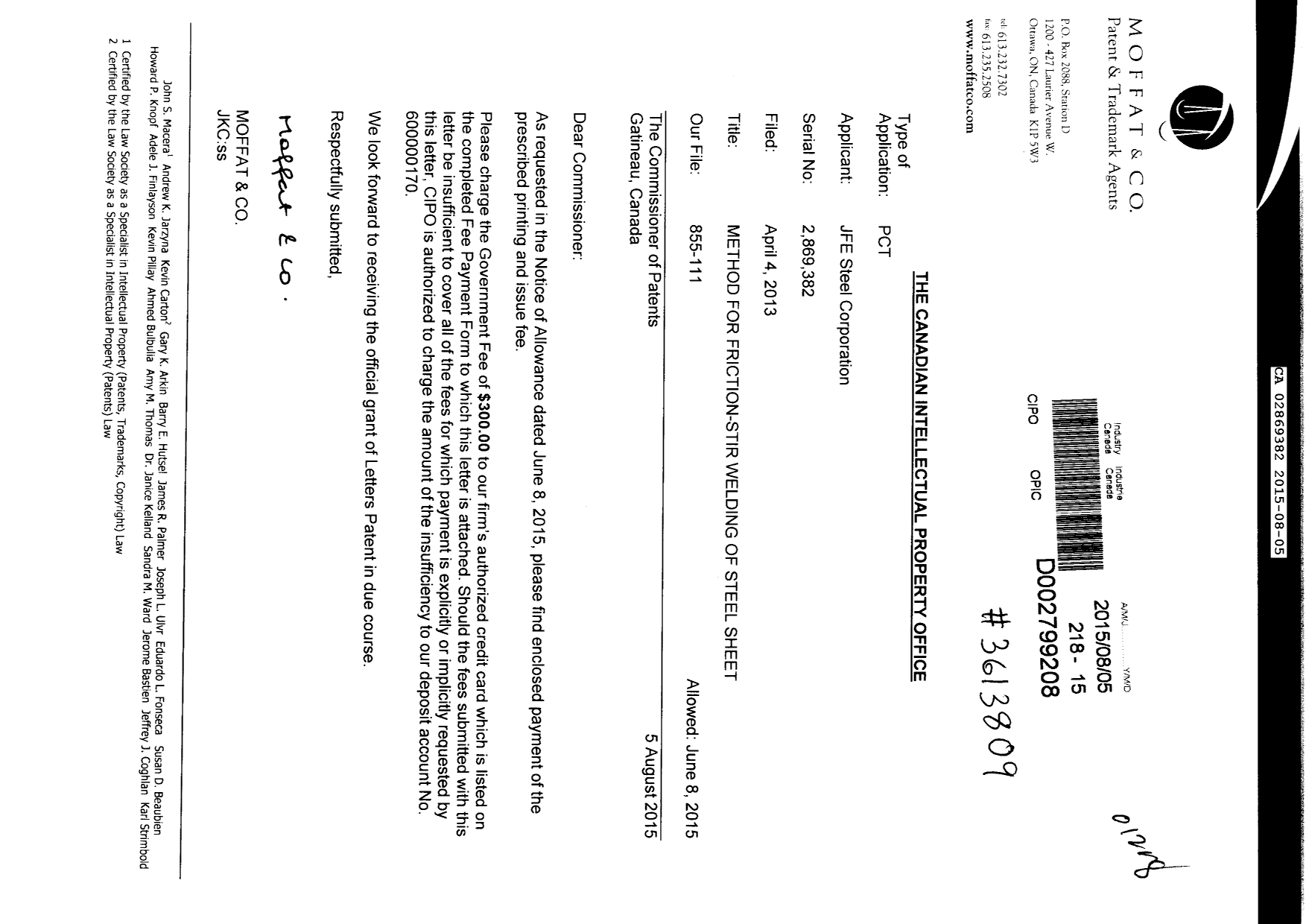 Canadian Patent Document 2869382. Final Fee 20150805. Image 1 of 1