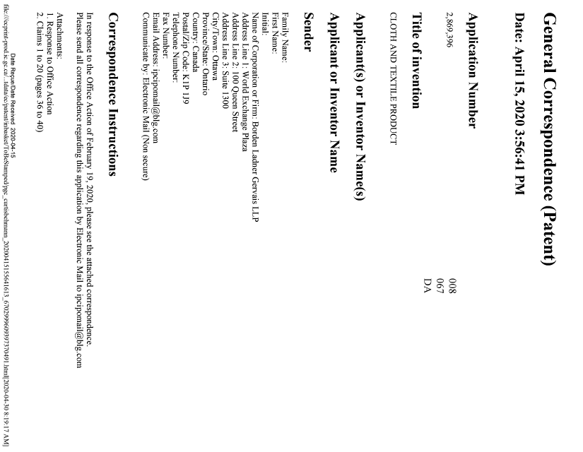 Document de brevet canadien 2869396. Modification 20200415. Image 1 de 14