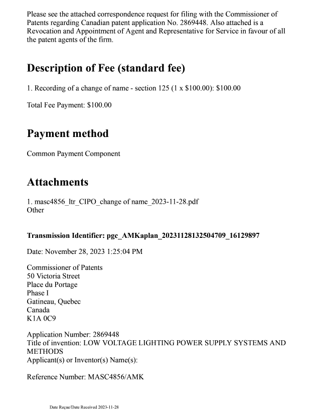 Document de brevet canadien 2869448. Changement de nomination d'agent 20231128. Image 2 de 5