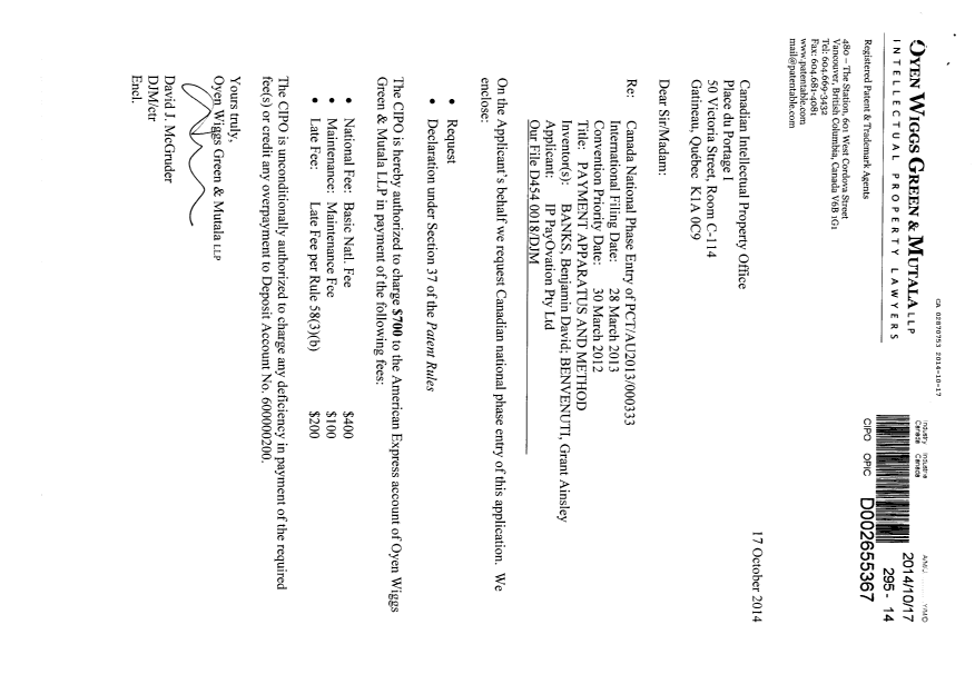 Document de brevet canadien 2870753. Cession 20141017. Image 1 de 3