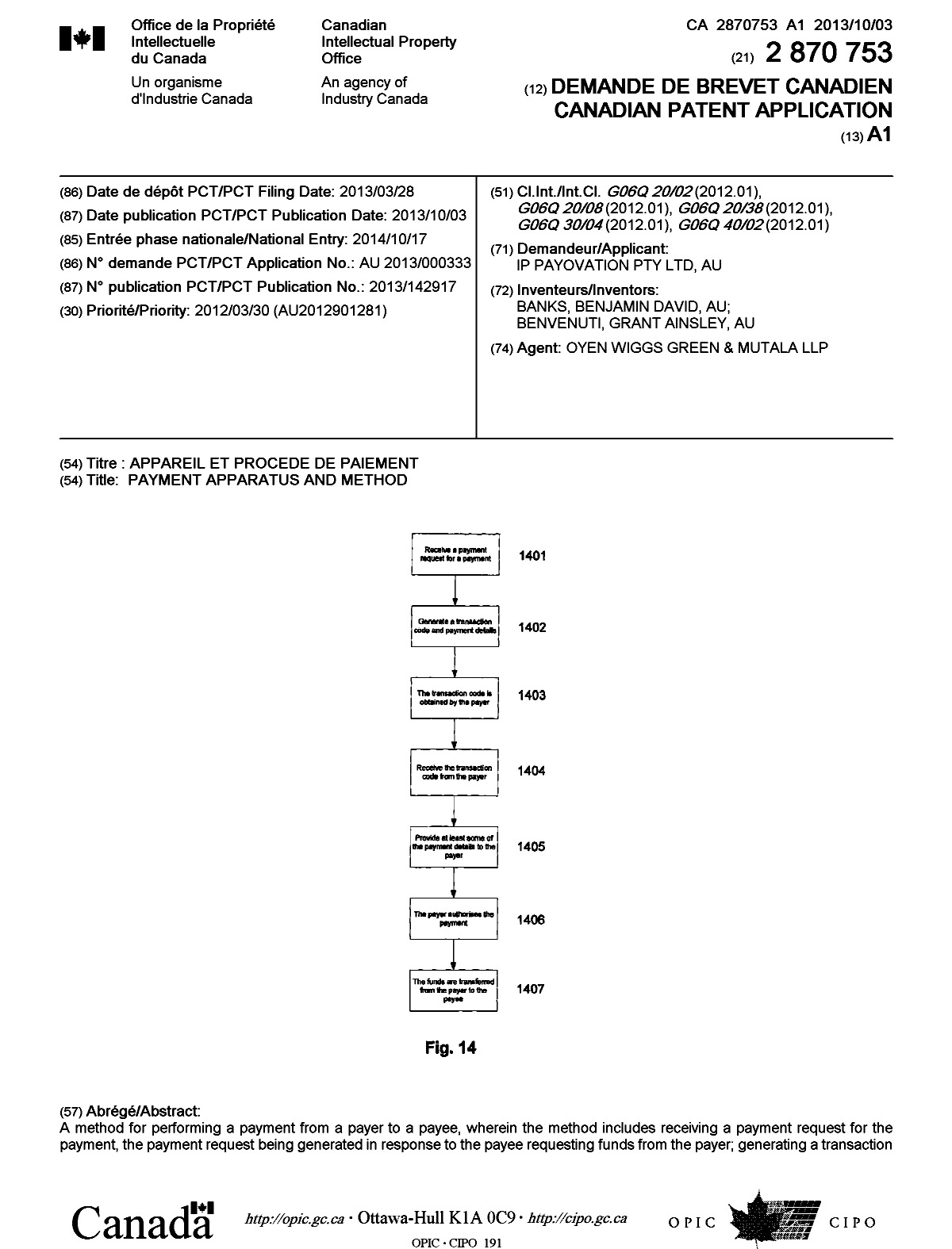 Document de brevet canadien 2870753. Page couverture 20141231. Image 1 de 2