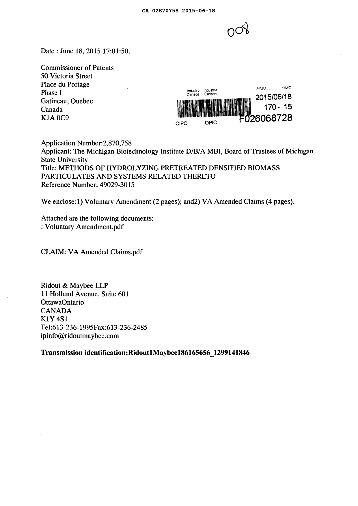 Canadian Patent Document 2870758. Amendment 20150618. Image 1 of 6