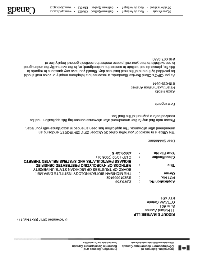 Document de brevet canadien 2870758. Correspondance 20161206. Image 1 de 1