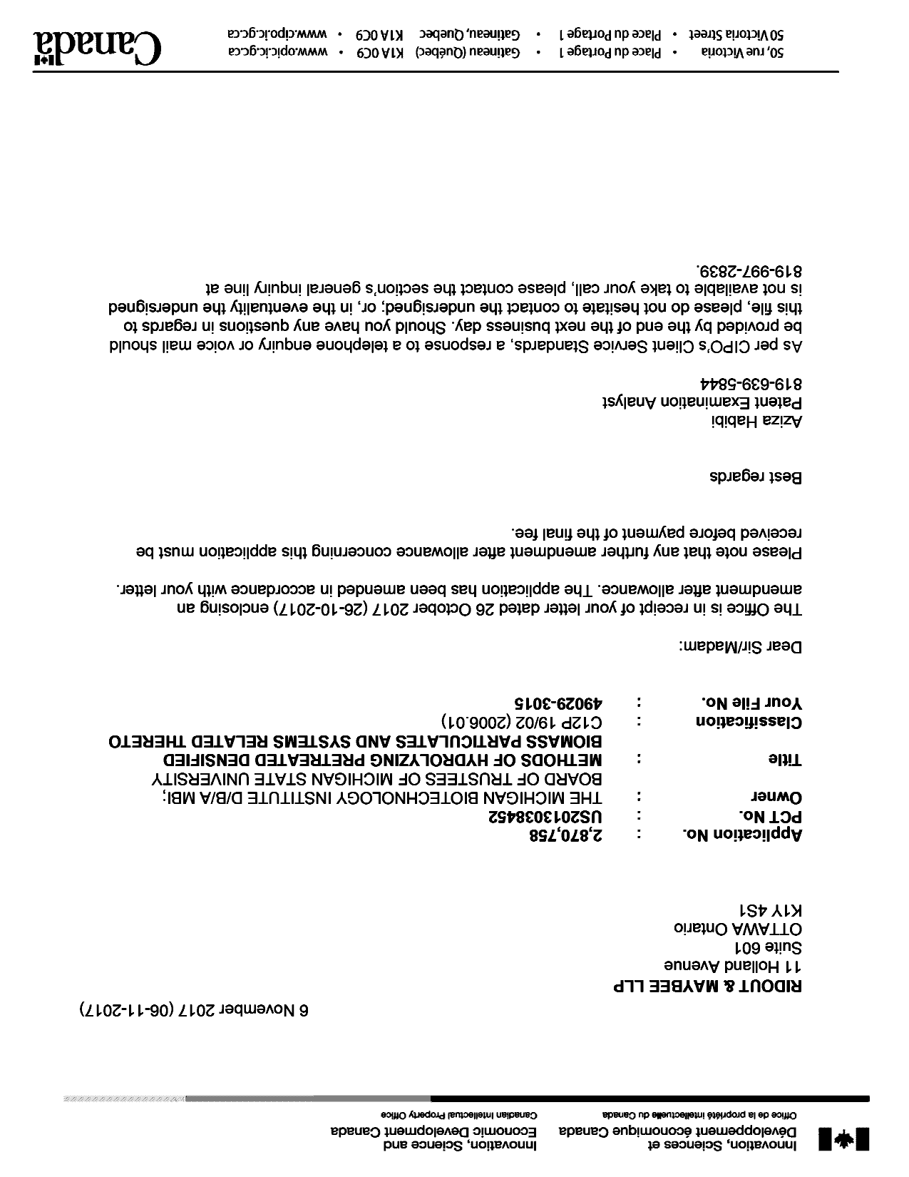 Document de brevet canadien 2870758. Correspondance 20161206. Image 1 de 1