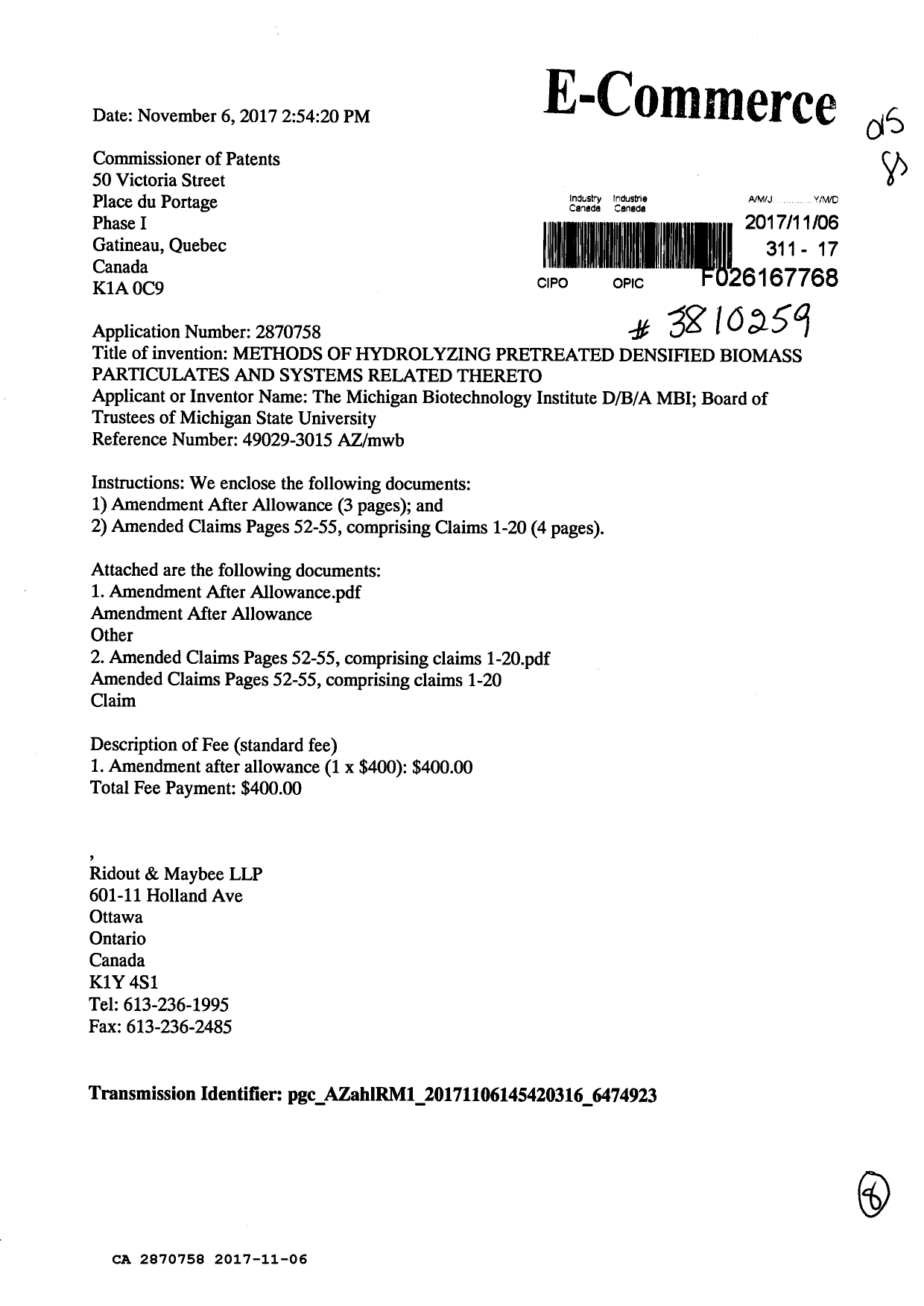 Document de brevet canadien 2870758. Modification après acceptation 20171106. Image 1 de 8