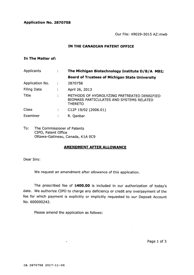 Document de brevet canadien 2870758. Modification après acceptation 20171106. Image 2 de 8