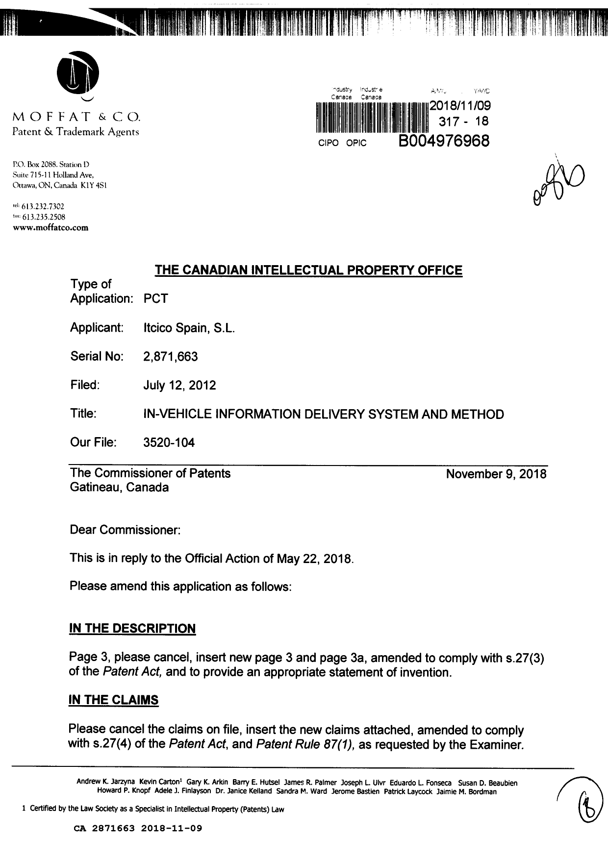 Document de brevet canadien 2871663. Modification 20181109. Image 1 de 8