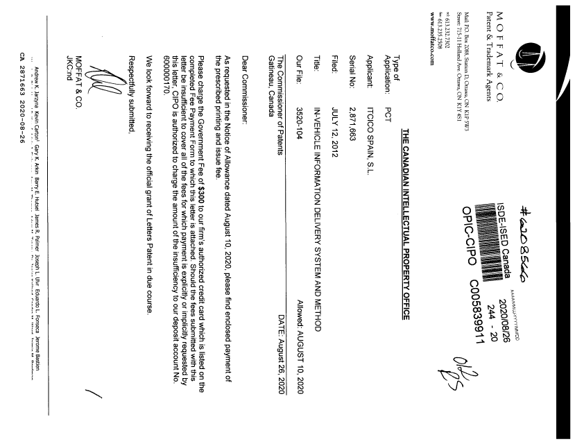 Document de brevet canadien 2871663. Taxe finale 20200826. Image 1 de 1