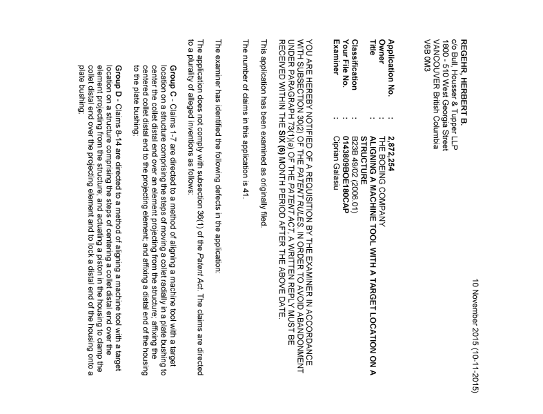 Document de brevet canadien 2872254. Demande d'examen 20151110. Image 1 de 4